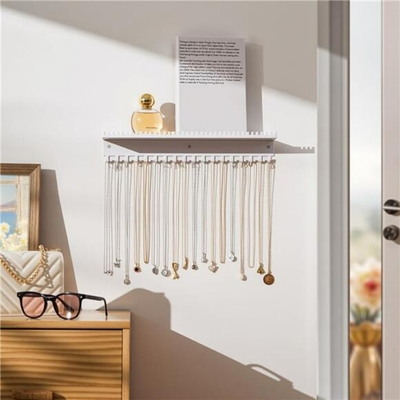 Wall mounted jewelry organizer necklace holder with hooks and tray for earrings - Picture 5 of 7